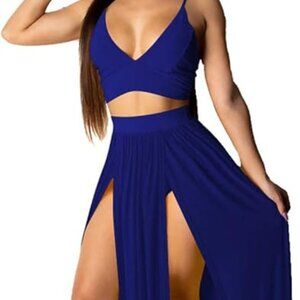 Women Sexy 2 Piece Outfits Dress Chiffon Strap Deep V Neck Bra Crop Top